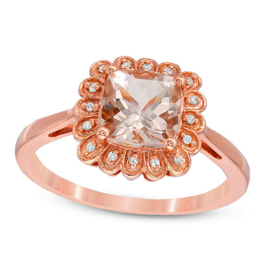 7.0mm Cushion-Cut Morganite and 0.05 CT. T.W. Natural Diamond Flower Frame Ring in Solid 10K Rose Gold