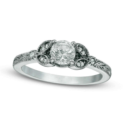 5.0mm Lab-Created White Sapphire and Diamond Accent Leaf-Sides Antique Vintage-Style Engagement Ring in Sterling Silver