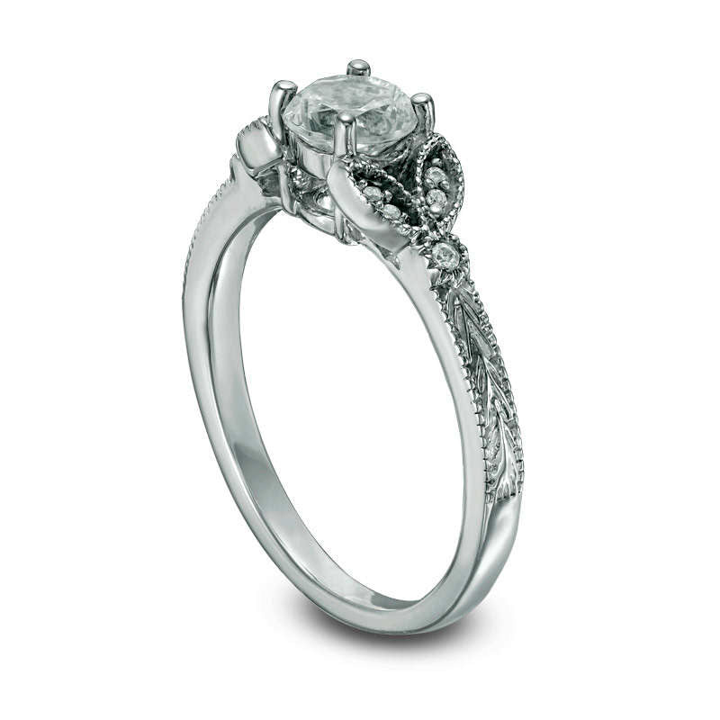 5.0mm Lab-Created White Sapphire and Diamond Accent Leaf-Sides Antique Vintage-Style Engagement Ring in Sterling Silver