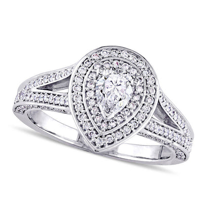 1.0 CT. T.W. Pear-Shaped Natural Diamond Double Frame Engagement Ring in Solid 14K White Gold