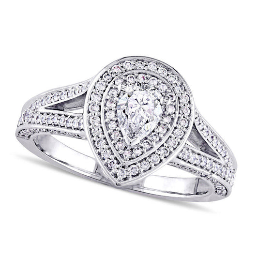 1.0 CT. T.W. Pear-Shaped Natural Diamond Double Frame Engagement Ring in Solid 14K White Gold