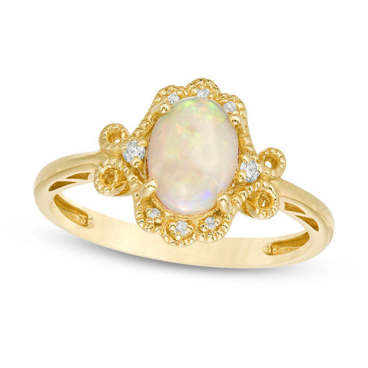 Oval Opal and 0.05 CT. T.W. Natural Diamond Filigree Antique Vintage-Style Ring in Solid 14K Gold