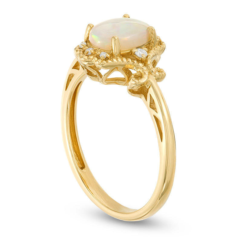 Oval Opal and 0.05 CT. T.W. Natural Diamond Filigree Antique Vintage-Style Ring in Solid 14K Gold