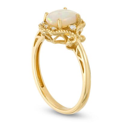 Oval Opal and 0.05 CT. T.W. Natural Diamond Filigree Antique Vintage-Style Ring in Solid 14K Gold
