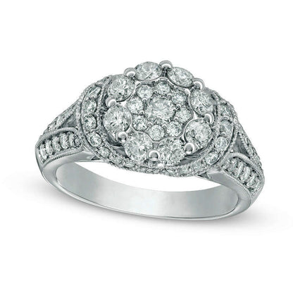 1.33 CT. T.W. Natural Diamond Flower Antique Vintage-Style Engagement Ring in Solid 14K White Gold