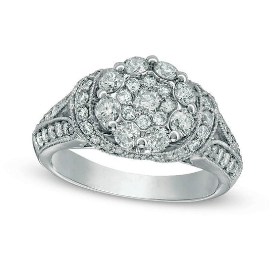 1.33 CT. T.W. Natural Diamond Flower Antique Vintage-Style Engagement Ring in Solid 14K White Gold