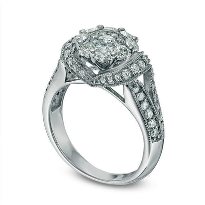 1.33 CT. T.W. Natural Diamond Flower Antique Vintage-Style Engagement Ring in Solid 14K White Gold
