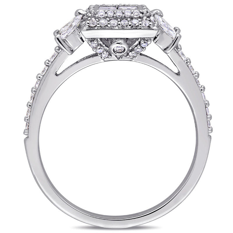 0.88 CT. T.W. Quad Princess-Cut Natural Diamond Double Frame Engagement Ring in Solid 14K White Gold