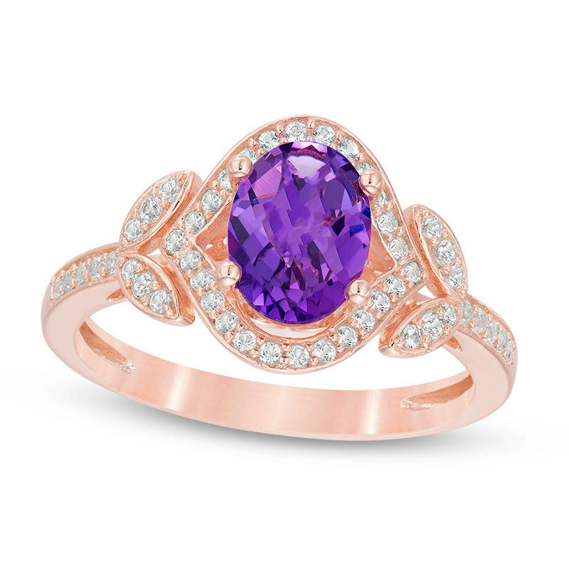 Oval Amethyst and 0.25 CT. T.W. Natural Diamond Marquise Frame Leaf-Sides Ring in Solid 10K Rose Gold