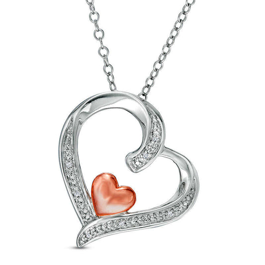 Natural Diamond Accent Tilted Double Heart Pendant in Sterling Silver with 14K Rose Gold Plate