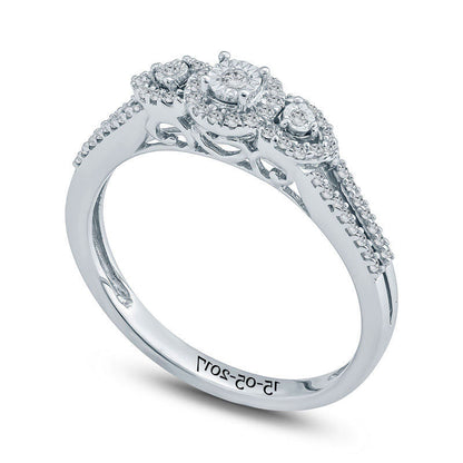 0.20 CT. T.W. Natural Diamond Frame Three Stone Promise Ring in Sterling Silver (1 Line)