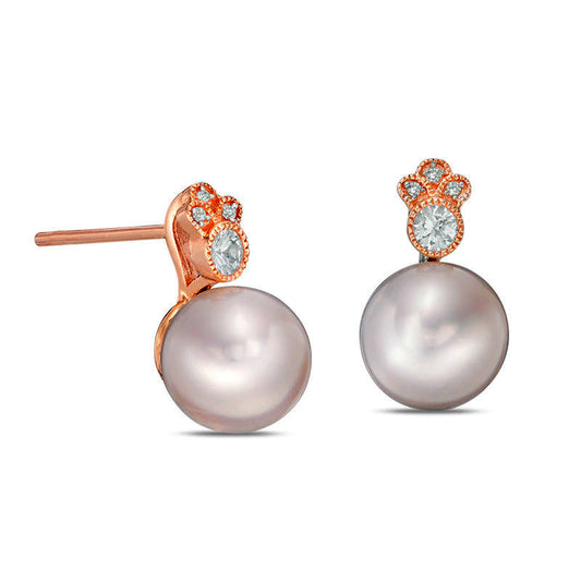 Cultured Freshwater Pearl, White Sapphire and Diamond Accent Vintage-Style Stud Earrings in 10K Rose Gold