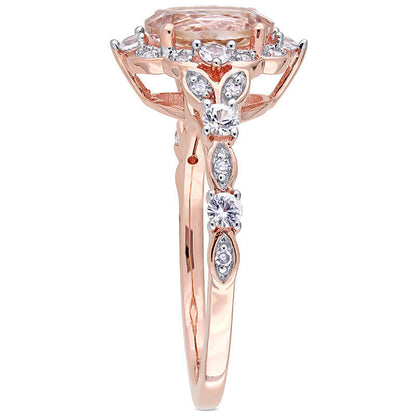 Oval Morganite, White Sapphire and 0.05 CT. T.W. Natural Diamond Frame Ring in Solid 10K Rose Gold