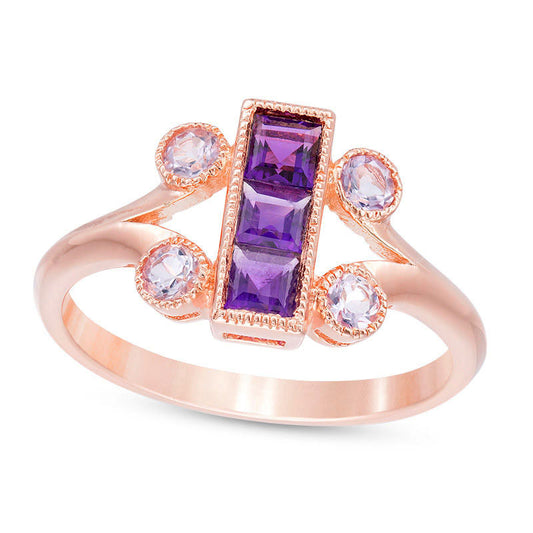 Princess-Cut Rose de France and Purple Amethyst Linear Three Stone Ring in Sterling Silver with Rose Rhodium