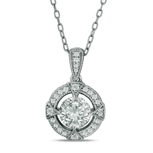 6.0mm Lab-Created White Sapphire and 0.1 CT. T.W. Diamond Antique Vintage-Style Compass Frame Pendant in Sterling Silver