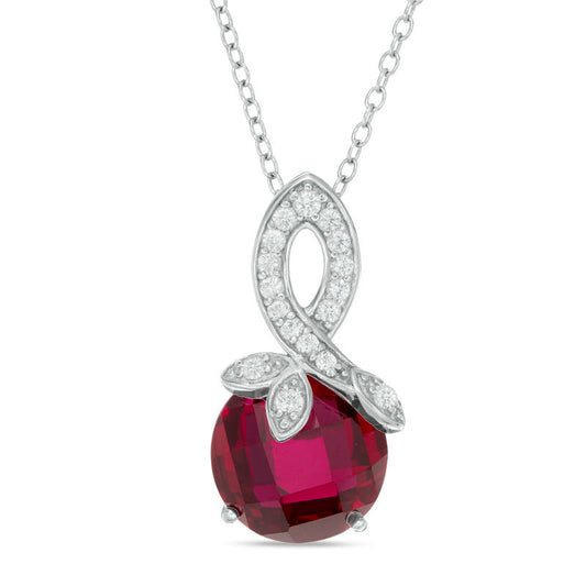 10.0mm Checkerboard Lab-Created Ruby and White Sapphire Flower Pendant in Sterling Silver