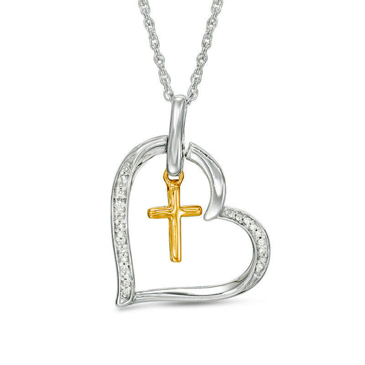 0.05 CT. T.W. Natural Diamond Cross Dangle Heart Pendant in Sterling Silver with 10K Yellow Gold