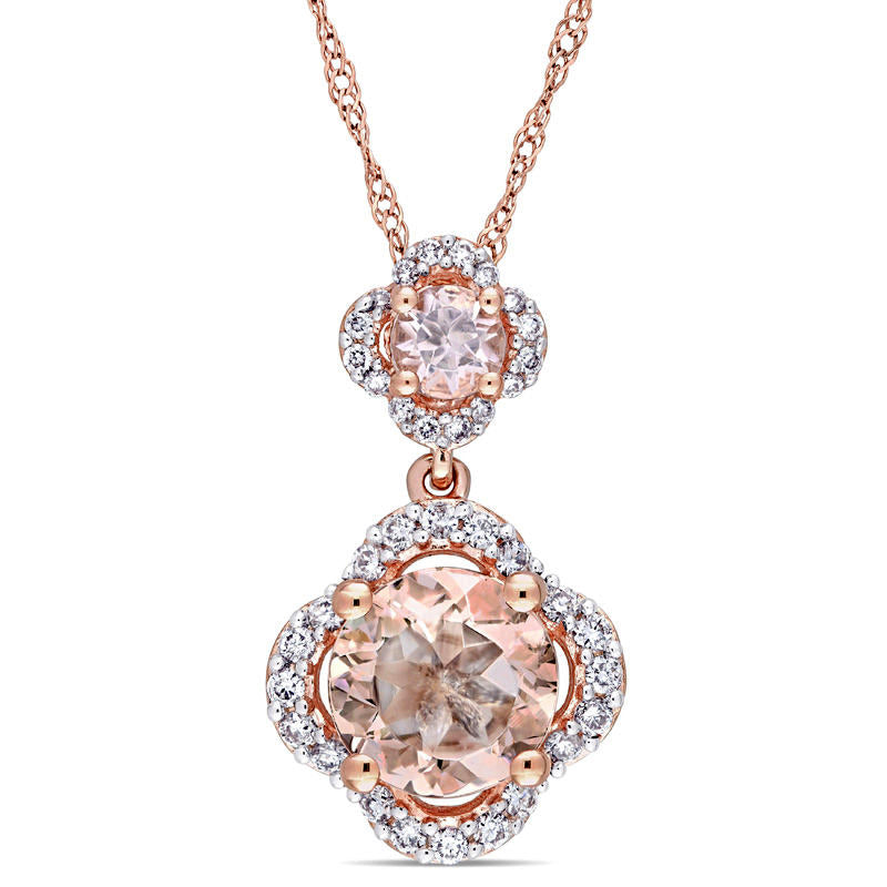 Morganite and 0.2 CT. T.W. Natural Diamond Clover Frame Double Drop Pendant in 14K Rose Gold - 17"