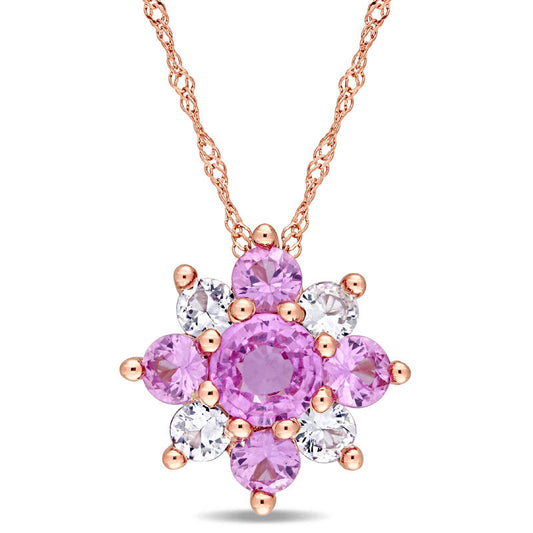 Pink and White Sapphire Flower Pendant in 14K Rose Gold - 17"