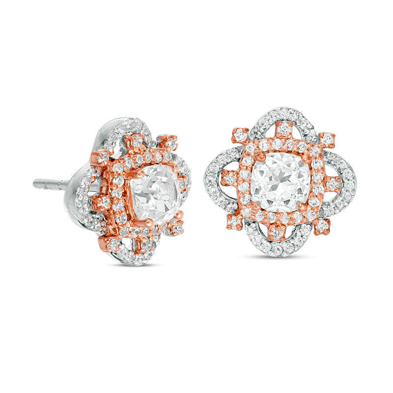 Cushion-Cut Lab-Created White Sapphire and 0.25 CT. T.W. Diamond Clover Frame Stud Earrings in 10K Two-Tone Gold