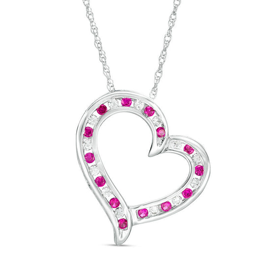 Alternating Lab-Created Ruby and White Sapphire Tilted Heart Pendant in Sterling Silver