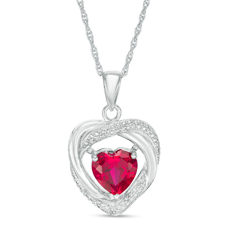 8.0mm Heart-Shaped Lab-Created Ruby and Diamond Accent Beaded Orbit Pendant in Sterling Silver