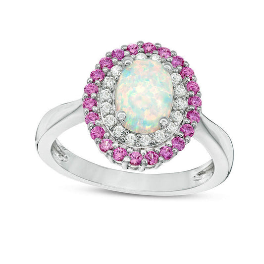 Oval Lab-Created Opal with Pink and White Sapphire Double Frame Ring in Sterling Silver - Size 7