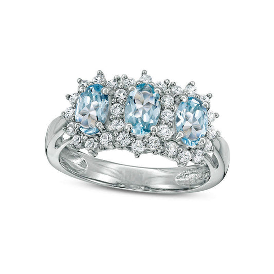 Oval Aquamarine and Lab-Created White Sapphire Three Stone Ring in Sterling Silver