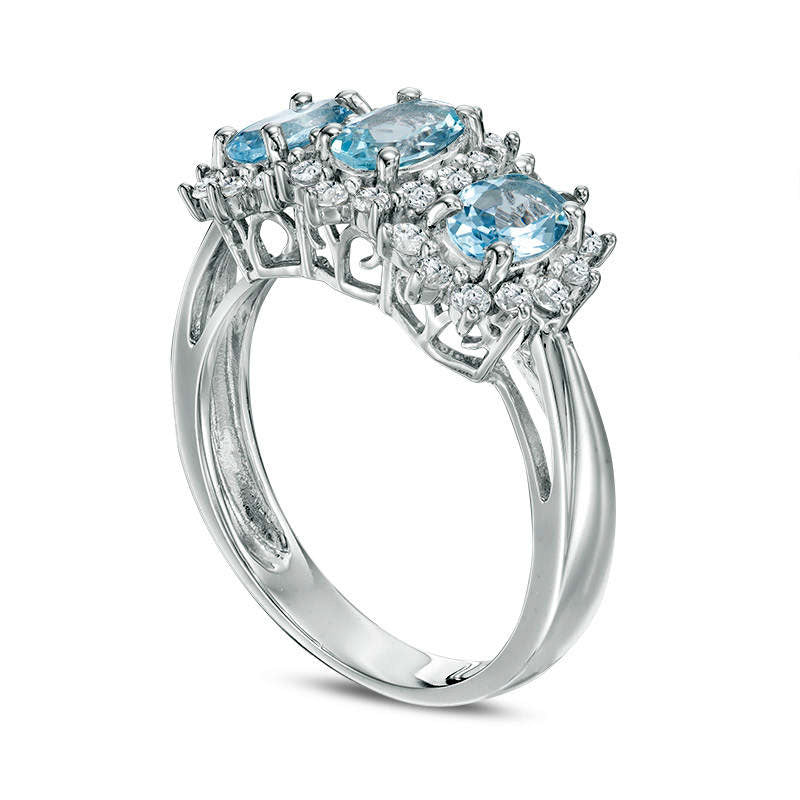 Oval Aquamarine and Lab-Created White Sapphire Three Stone Ring in Sterling Silver
