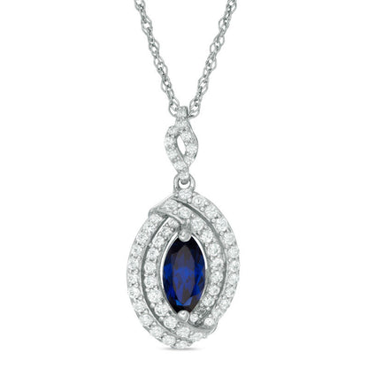 Marquise Lab-Created Blue and White Sapphire Double Swirl Frame Drop Pendant in Sterling Silver