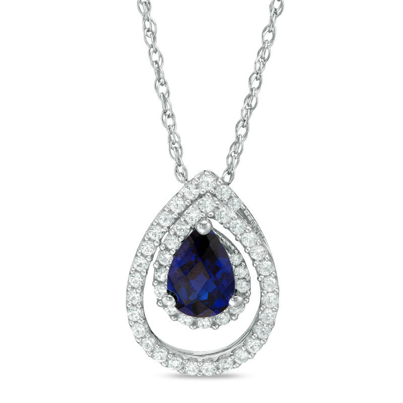 Pear-Shaped Lab-Created Blue and White Sapphire Swirl Frame Pendant in Sterling Silver