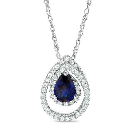 Pear-Shaped Lab-Created Blue and White Sapphire Swirl Frame Pendant in Sterling Silver