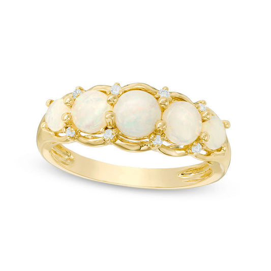 Opal and Natural Diamond Accent Five Stone Ring in Solid 14K Gold