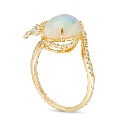 Oval Opal and 0.33 CT. T.W. Natural Diamond Bypass Flower Frame Ring in Solid 18K Gold