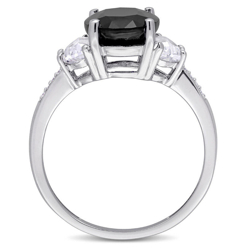 Oval Black Sapphire, Half-Moon Lab-Created White Sapphire and Diamond Accent Three Stone Ring in Sterling Silver