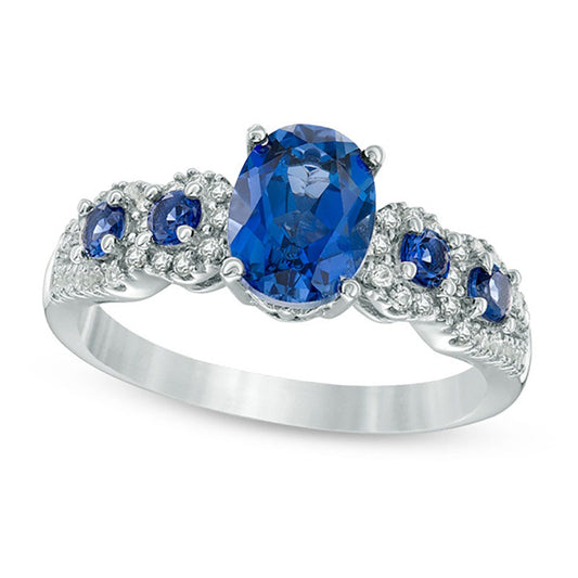 Oval Lab-Created Ceylon and White Sapphire Frame Five Stone Ring in Sterling Silver