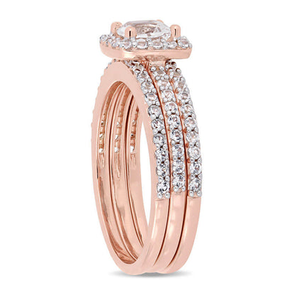 5.0mm Cushion-Cut Lab-Created White Sapphire Frame Three Piece Bridal Engagement Ring Set in Sterling Silver with Rose Rhodium