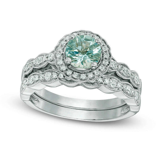 6.0mm Aquamarine and 0.33 CT. T.W. Natural Diamond Frame Antique Vintage-Style Bridal Engagement Ring Set in Solid 14K White Gold