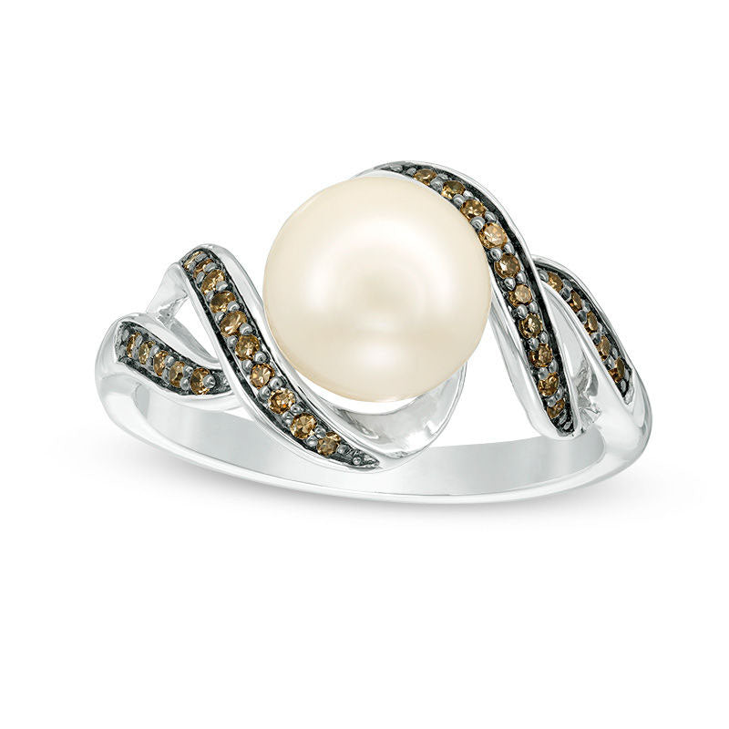 8.0mm Baroque Cultured Freshwater Pearl and 0.13 CT. T.W. Champagne Natural Diamond Twist Ring in Sterling Silver - Size 7