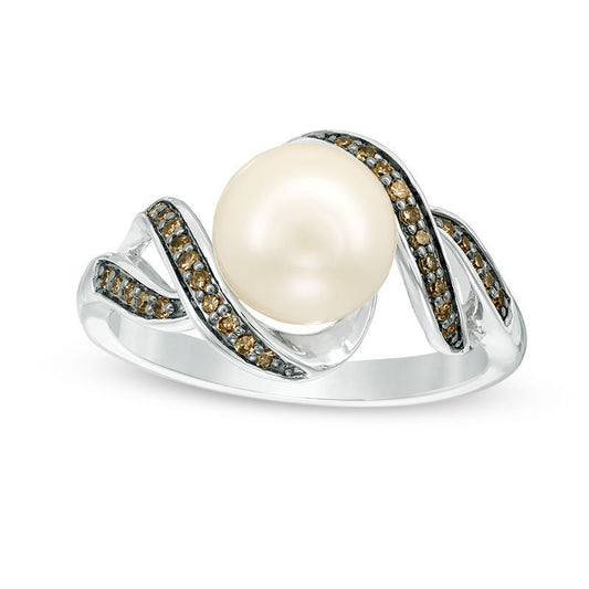 8.0mm Baroque Cultured Freshwater Pearl and 0.13 CT. T.W. Champagne Natural Diamond Twist Ring in Sterling Silver - Size 7