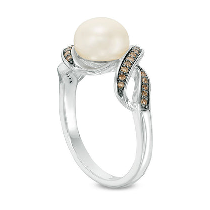 8.0mm Baroque Cultured Freshwater Pearl and 0.13 CT. T.W. Champagne Natural Diamond Twist Ring in Sterling Silver - Size 7