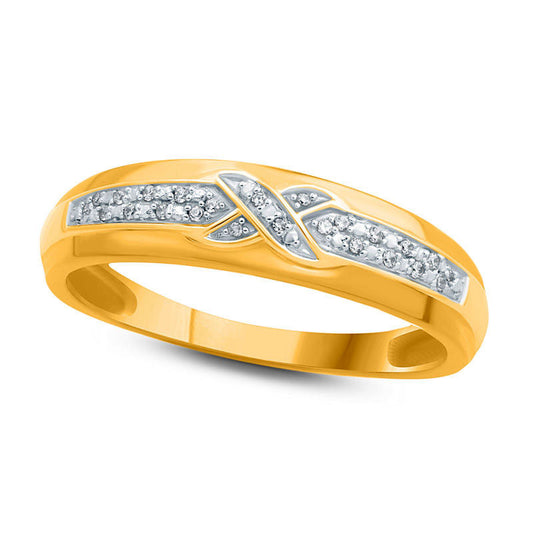 Men's 0.05 CT. T.W. Natural Diamond Criss-Cross Wedding Band in Solid 10K Yellow Gold