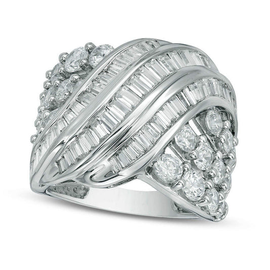 3.0 CT. T.W. Baguette and Round Natural Diamond Crossover Ring in Solid 10K White Gold