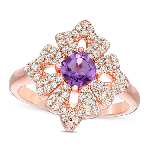 5.0mm Cushion-Cut Amethyst and White Topaz Floral Ring in Sterling Silver with Solid 18K Rose Gold Plate