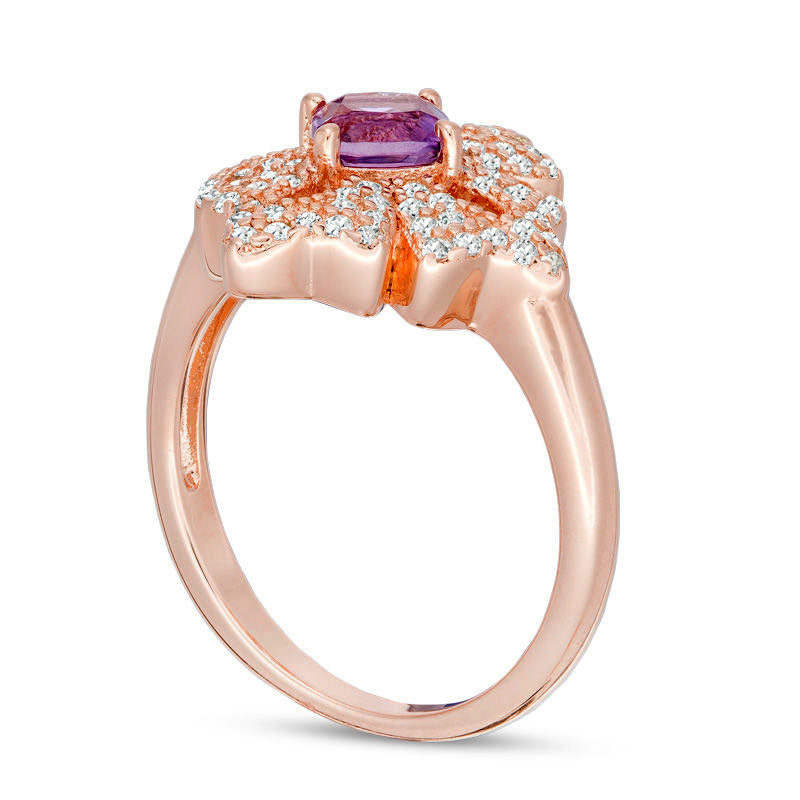 5.0mm Cushion-Cut Amethyst and White Topaz Floral Ring in Sterling Silver with Solid 18K Rose Gold Plate