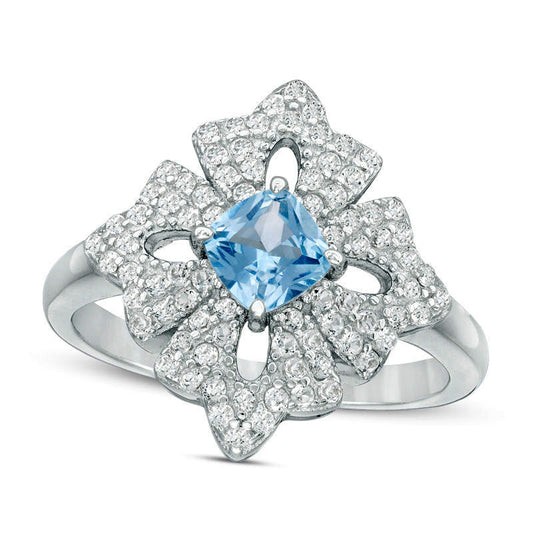 5.0mm Cushion-Cut Simulated Aquamarine and Lab-Created White Topaz Floral Ring in Sterling Silver