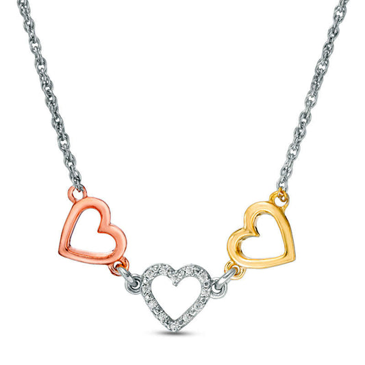 Natural Diamond Accent Triple Heart Necklace in Sterling Silver with 14K Two-Tone Gold Plate - 17"