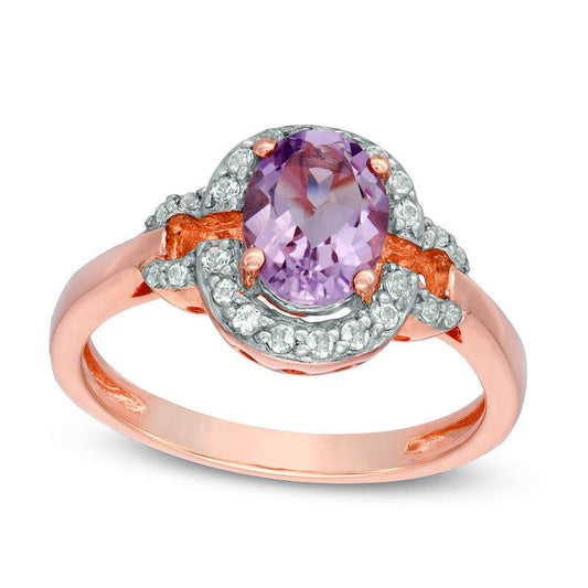 Oval Amethyst and White Topaz Buckle Frame Ring in Sterling Silver with Solid 14K Rose Gold Plate