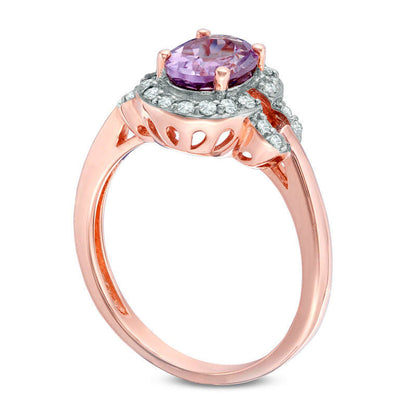 Oval Amethyst and White Topaz Buckle Frame Ring in Sterling Silver with Solid 14K Rose Gold Plate