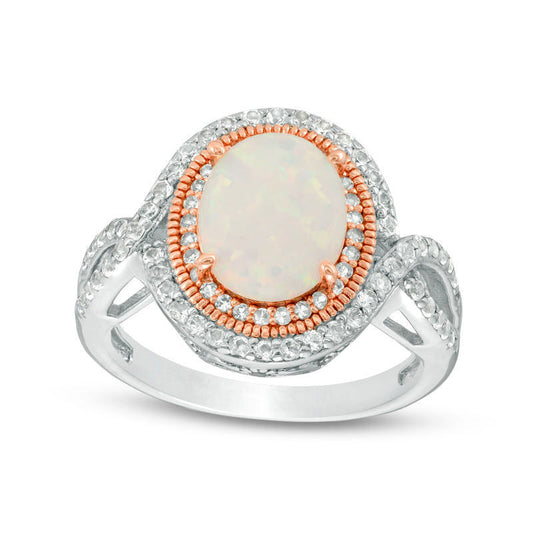 Oval Lab-Created Opal and White Topaz Antique Vintage-Style Twist Shank Ring in Sterling Silver and Solid 18K Rose Gold Plate